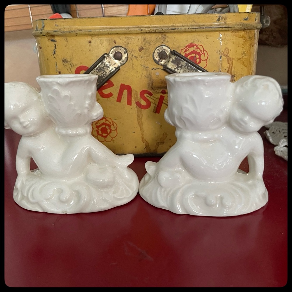 {Vintage} Ceramic Cherub Taper Candle Holders